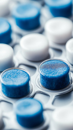 Close-up of blue pills in blister pack. Focus on foreground.の素材