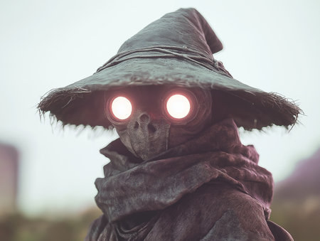 Creepy halloween witch with big eyes in a black hatの素材