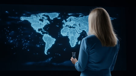 Young businesswoman with glass of water looking at world map on dark backgroundの素材