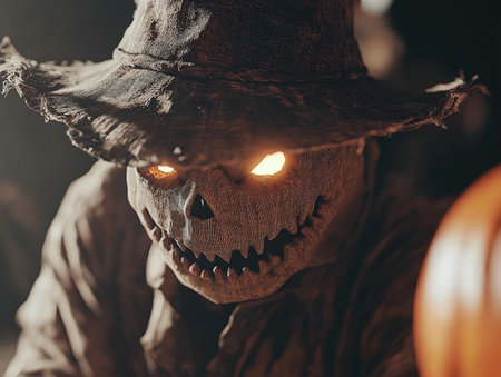 Halloween concept. Scary man in a hat with a pumpkin on a dark backgroundの素材