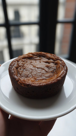 Chocolate tart on white plate in hand. Selective focus.の素材