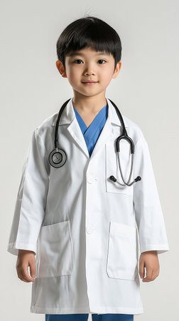 Asian little boy dressed as a doctor with stethoscope isolated on whiteの素材