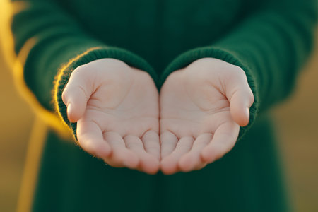 Close up of woman hands in heart shape on blurred nature background.の素材