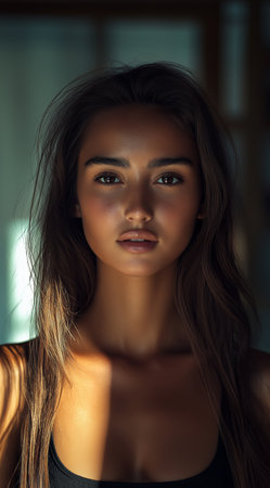 Portrait of a beautiful young woman with long hair and makeup.の素材