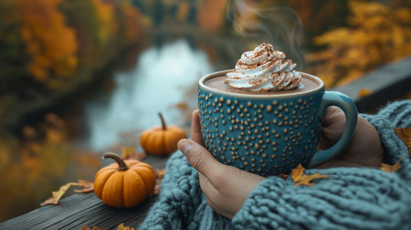 Female hands holding a cup of hot chocolate with whipped cream and pumpkin on the background of the autumn forest.の素材