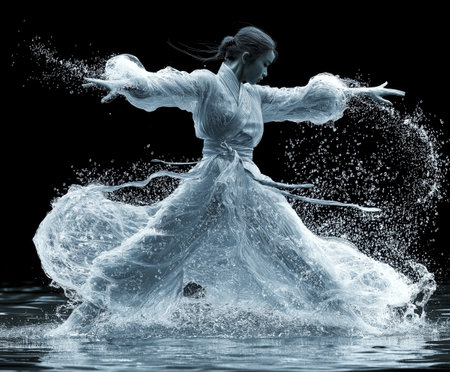 Young beautiful woman in white dress dancing in water on black background.の素材