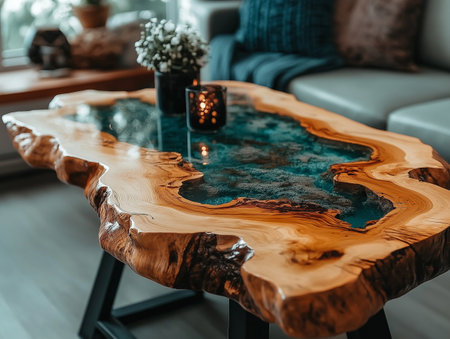 Interior of modern living room with wooden table and sofa, selective focusの素材