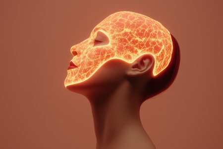 3d rendering of a human head with a glowing brain on itの素材