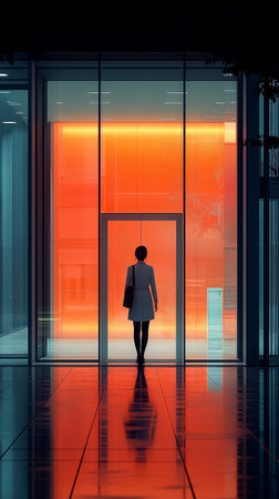 Silhouette of a businesswoman standing in front of a glass doorの素材