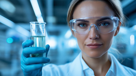 Portrait of a young female scientist in a laboratory. She is holding a test tube and looking at the camera.の素材