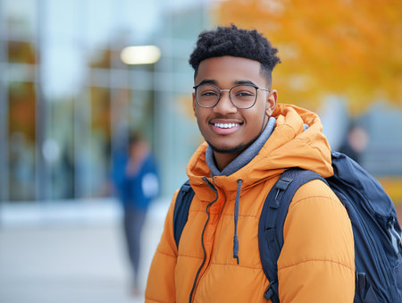 happy african american male student with backpack in autumn city streetの素材
