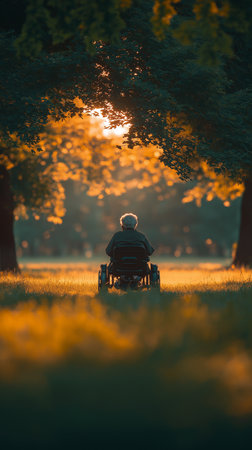 Elderly woman in a wheelchair in the park at sunset.の素材