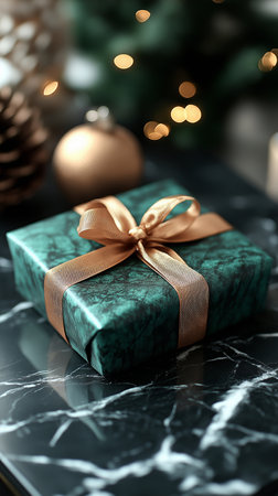 Beautiful gift box on table in room decorated for Christmas, closeupの素材