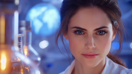 Portrait of a beautiful young scientist in lab. Science and technology.の素材