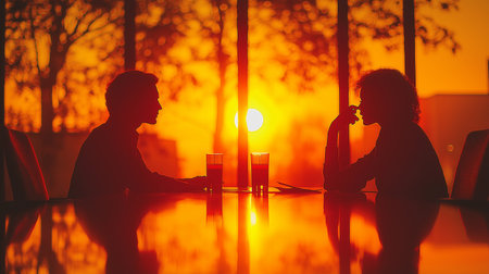 Silhouette of man and woman sitting at the table in cafe during sunsetの素材
