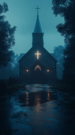 Church in the forest at night with fog and reflection in the waterの素材