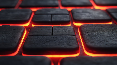 Close-up of a black computer keyboard with red flames in the backgroundの素材