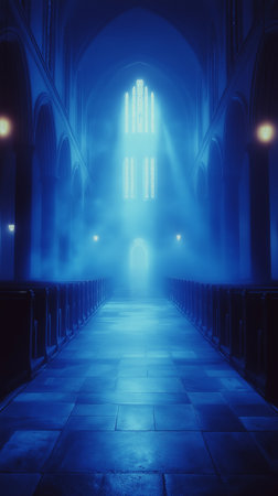 Mysterious church interior with blue light and fog, tonedの素材