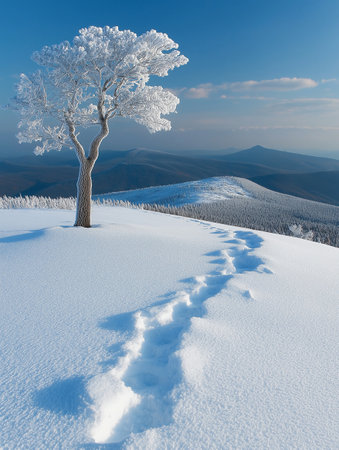 Winter landscape with lonely tree and footprints in snowdrift (Carpathian, Ukraine).の素材