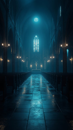 Gothic church interior at night with low light and fog.の素材