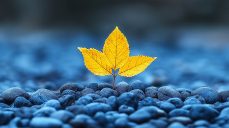 Yellow leaf on pebbles background. 3d render illustration.の素材