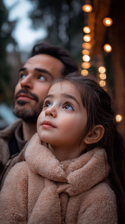 portrait of father and daughter looking at each other while standing outdoorsの素材