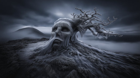 3D illustration of a scary ghost in a surreal fantasy landscape.の素材