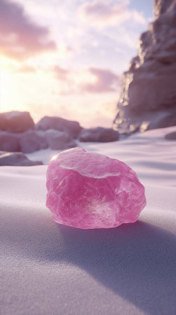 Pink quartz crystal on the white snow against the background of a beautiful sunsetの素材