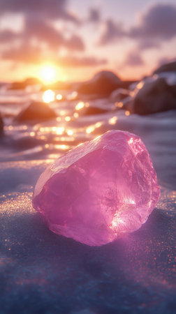 Frozen crystal on the beach at sunset. Beautiful natural background.の素材
