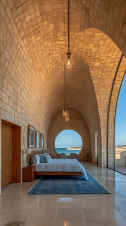 Interior of a hotel room with arches and the sea viewの素材