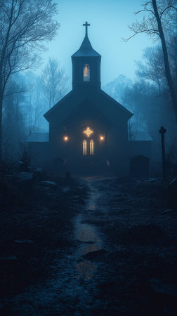 Church in a foggy forest. Halloween, horror and mystery concept.の素材
