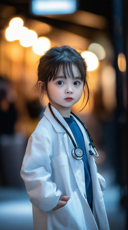 Portrait of asian little girl wearing doctor coat and stethoscopeの素材