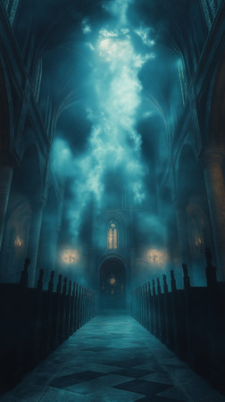 Conceptual image of a dark and mysterious interior of a gothic cathedralの素材
