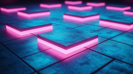 3d render, abstract background with glowing neon squares, geometric shapes.の素材