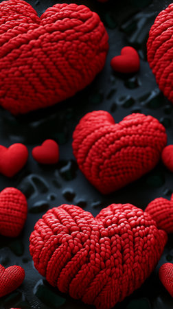 Red knitted hearts on dark background. Valentine's day concept.の素材