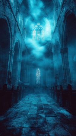 Interior of the gothic cathedral in a foggy nightの素材