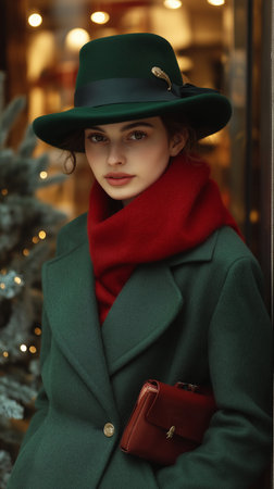 Portrait of a beautiful girl in a green coat, hat and red scarf.の素材
