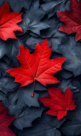 Autumn maple leaves background. Top view, flat lay, copy spaceの素材