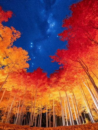 Colorful autumn forest with starry sky and milky way.の素材