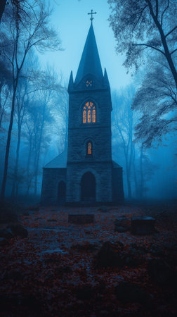 Foggy church in the forest at night. Halloween concept.の素材