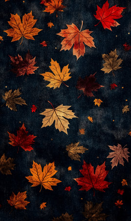 Autumn leaves on a dark blue grunge background with copy spaceの素材