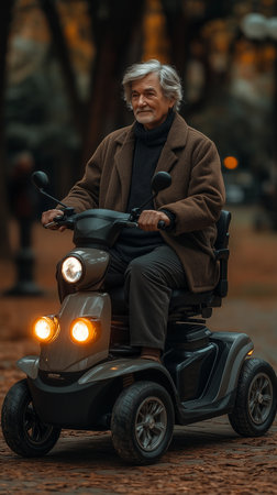Portrait of an elderly man riding a scooter in the parkの素材