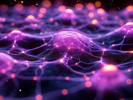 3d illustration of abstract technology background with glowing particles and bokehの素材