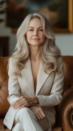 Portrait of a beautiful middle-aged woman in a white suit.の素材