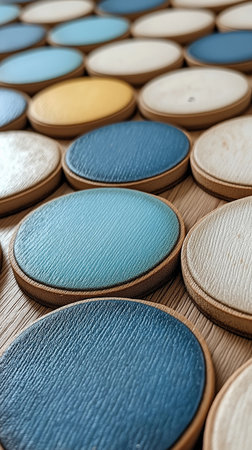 Colorful wooden circles on a wooden background. Close-up.の素材