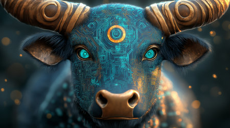 Futuristic digital image of the head of a bull with a circuit board.の素材