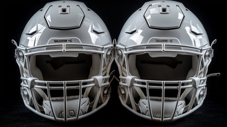 American football helmets isolated on black background. 3D rendering image.の素材