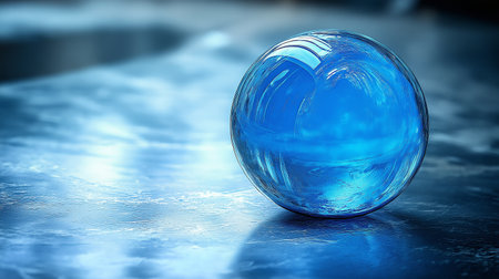 3D rendering of a blue crystal ball on a reflective surface.の素材