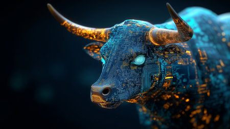 Digital illustration of a bull in digital art style. 3d renderingの素材