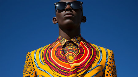 African American man wearing a colorful shirt and sunglasses against a blue skyの素材